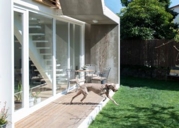 Plano del porche de una casa modular con un perro saltando hacia el jardín