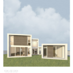 fotografías del proceso de bocetado, renderizado y realidad de una casa modular