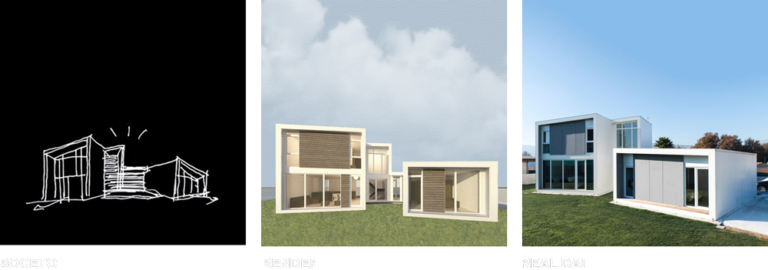fotografías del proceso de bocetado, renderizado y realidad de una casa modular