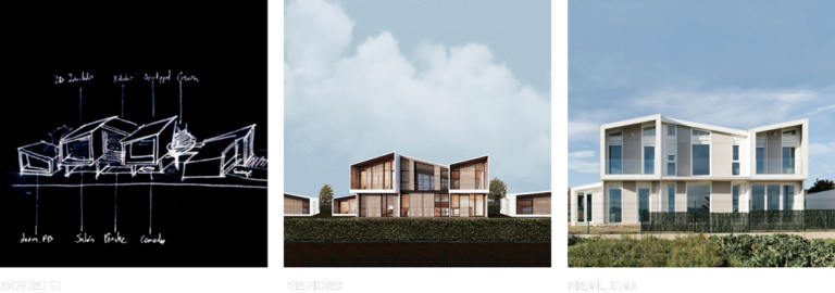 fotografías del proceso de bocetado, renderizado y realidad de una casa modular