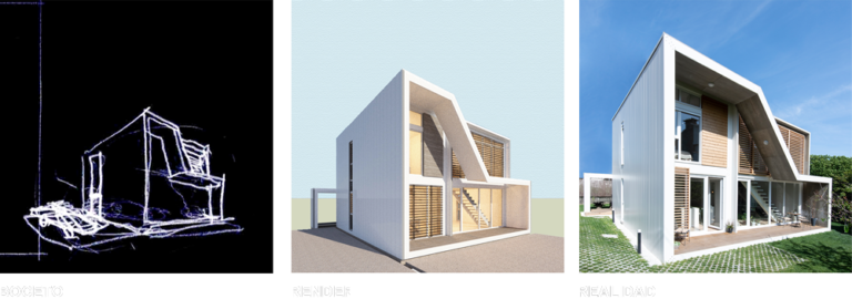 Boceto, render y realidad de casa otra modular, proceso de ideación de una casa modular