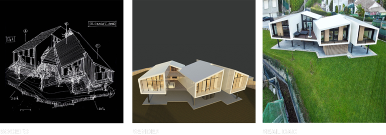 Boceto, render y realidad de casa otra modular, proceso de ideación de una casa modular