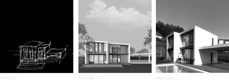 Boceto, render y realidad de casa otra modular, proceso de ideación de una casa modular