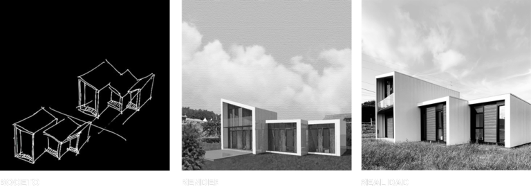 Boceto, render y realidad de casa otra modular, proceso de ideación de una casa modular