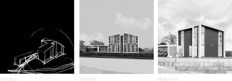 Boceto, render y realidad de casa modular, proceso creativo